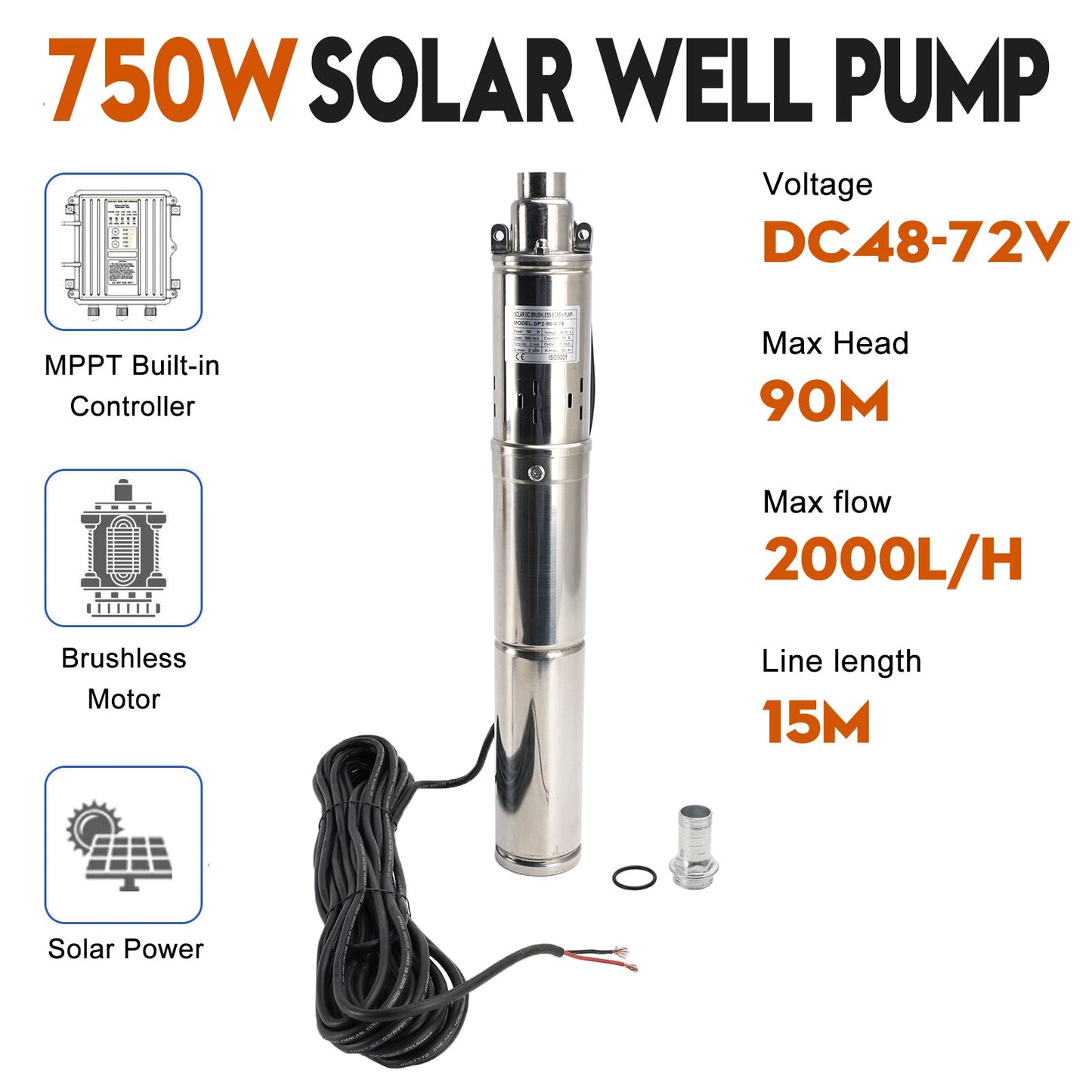 Pompa ad acqua sommergibile solare del foro del pozzo profondo di 3" 48V 750W MPPT incorporato