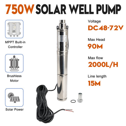 Pompa ad acqua sommergibile solare del foro del pozzo profondo di 3" 48V 750W MPPT incorporato