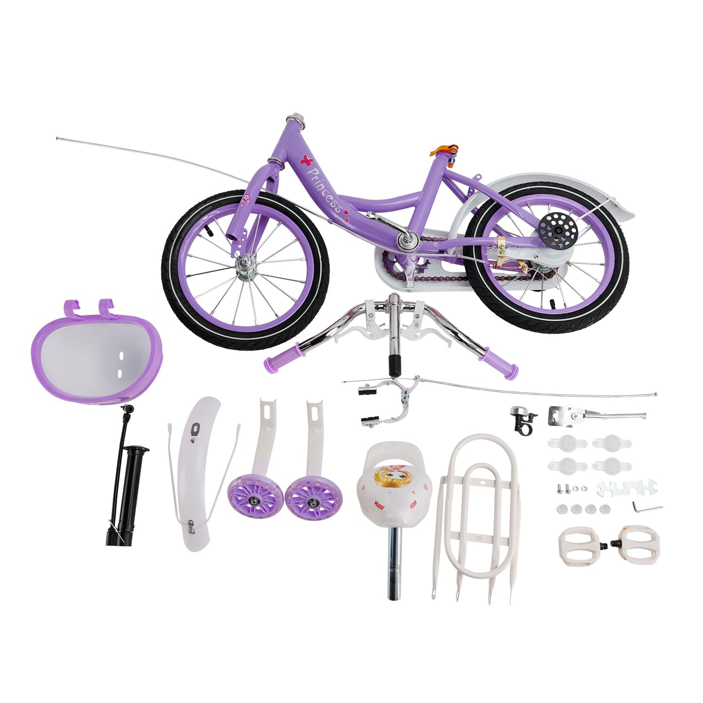Bicicletta da principessa per bambini da 18" per ragazze, con ruote da allenamento rimovibili, rosa/viola