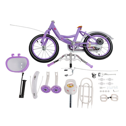 Bicicletta da principessa per bambini da 18" per ragazze, con ruote da allenamento rimovibili, rosa/viola