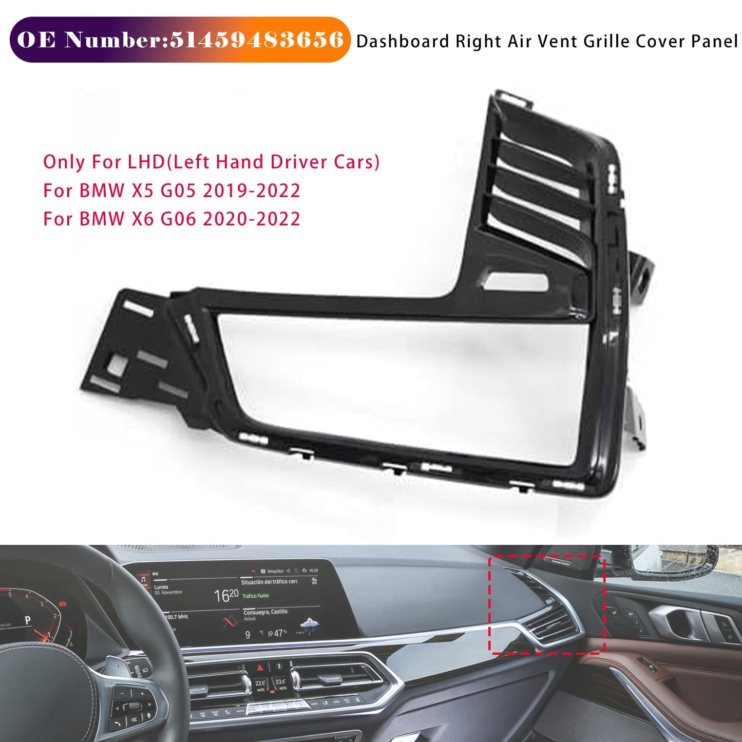 Pannello di copertura della griglia di ventilazione destra del cruscotto BMW X6 G06 2020-2022 51459483656