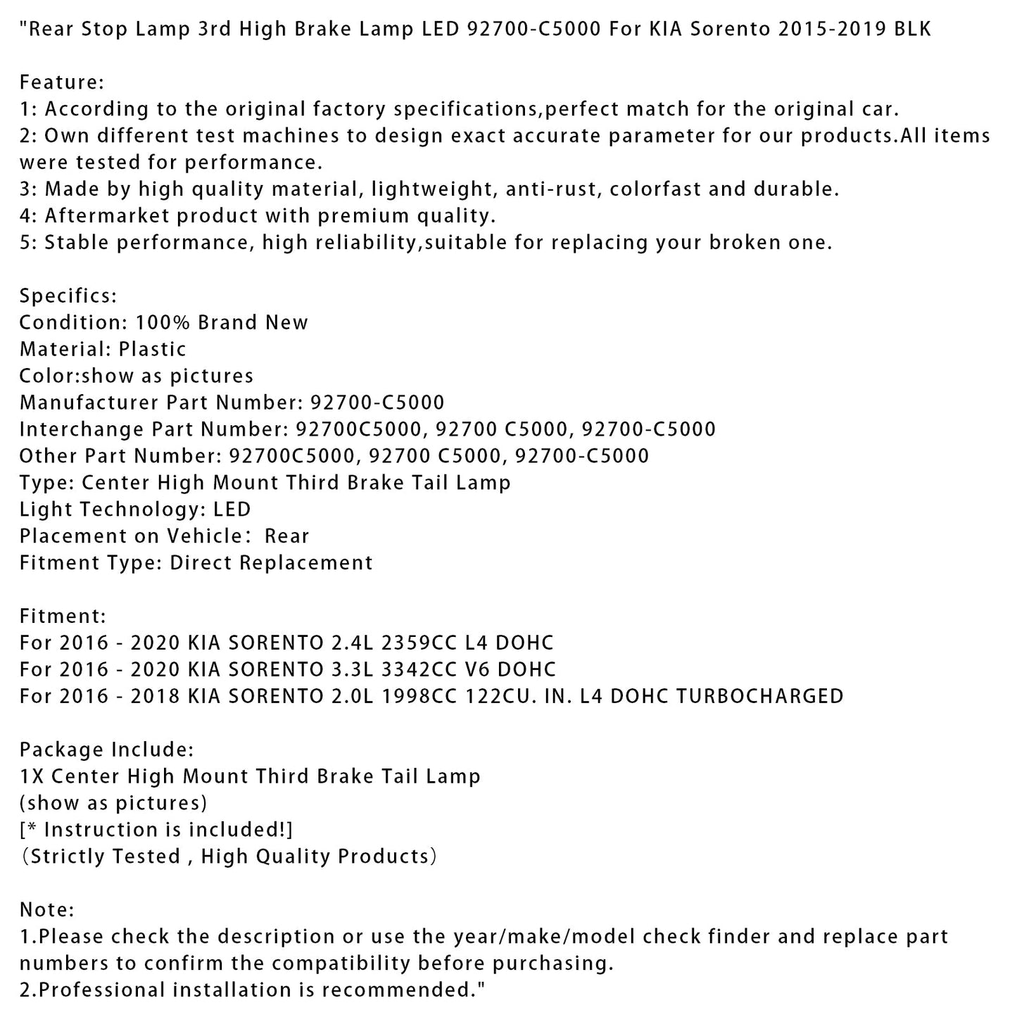 2015-2019 KIA Sorento Luce di stop posteriore 3a luce di stop alta LED 92700-C5000 BLK