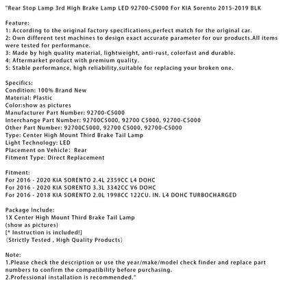2015-2019 KIA Sorento Luce di stop posteriore 3a luce di stop alta LED 92700-C5000 BLK