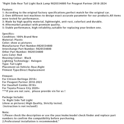 Fanale posteriore destro Toyota Proace City 2020+, fanale posteriore 9820554880