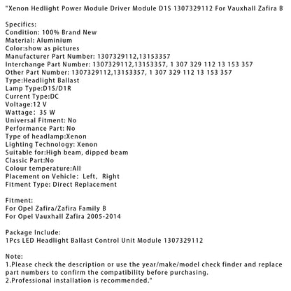 Modulo di alimentazione fari allo xeno Opel Zafira/Zafira Family B, modulo driver D1S 1307329112