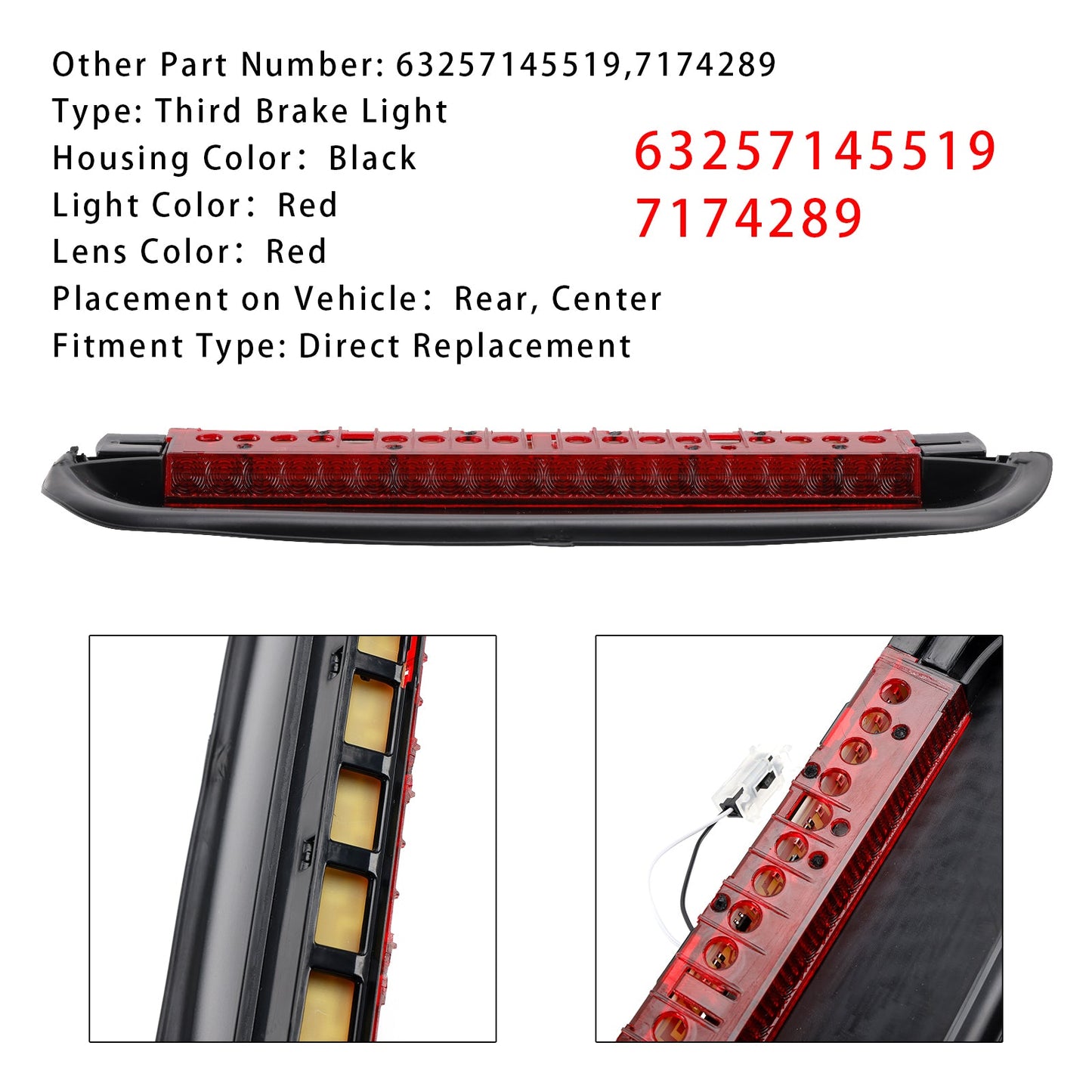 Terza luce freno posteriore 63257145519 per BMW Serie 3 E90 2005-2012 rossa