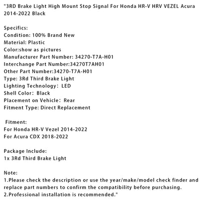 Terza luce freno segnale di stop alto per Honda HR-V HRV VEZEL Acura 2014-2022