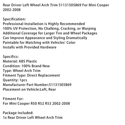 Rivestimento passaruota posteriore sinistro lato guida 51131505869 per Mini Cooper 2002-2008