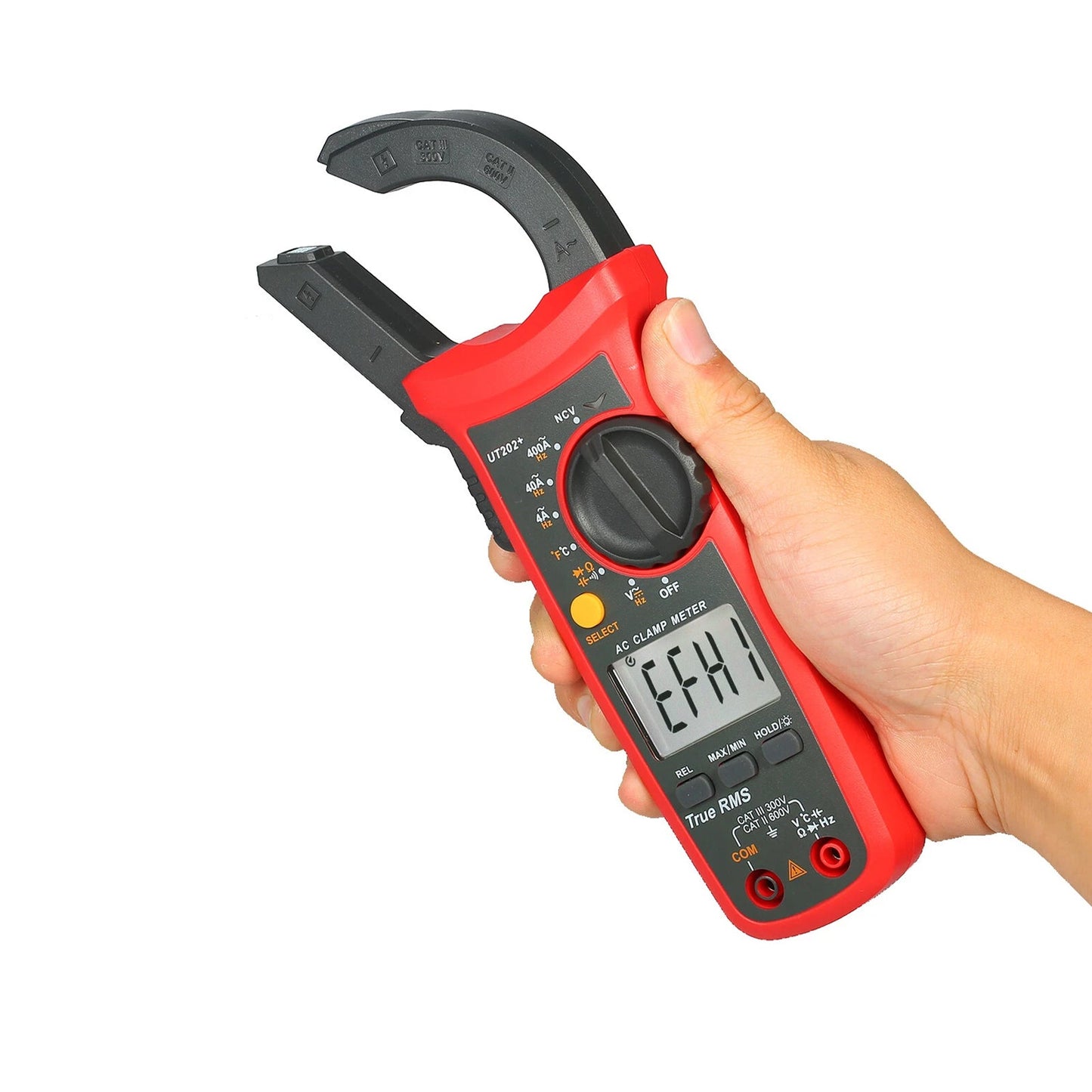 Multimetro portatile UT202+ con selezione automatica della portata, misuratore True RMS a pinza e display LCD.