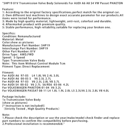 Solenoidi del corpo valvola di trasmissione AUDI A6 5 V6 2.5L 2.7L 5HP19 01V 2000-2005