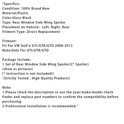 Spoiler laterali per lunotto posteriore nero lucido per VW Golf MK6 GTI 2008-2013