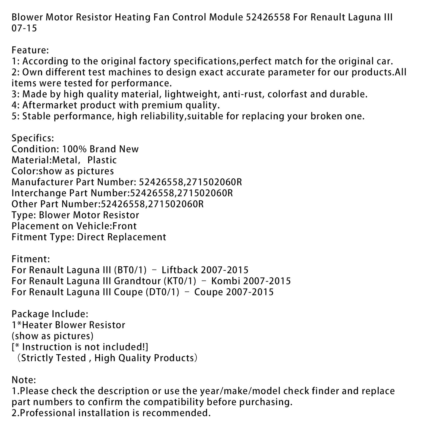 Modulo di controllo della ventola di riscaldamento del resistore del motore del ventilatore 52426558 per Renault 07-15