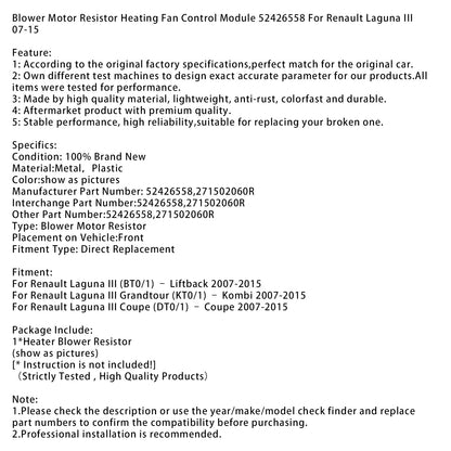 Modulo di controllo della ventola di riscaldamento del resistore del motore del ventilatore 52426558 per Renault 07-15