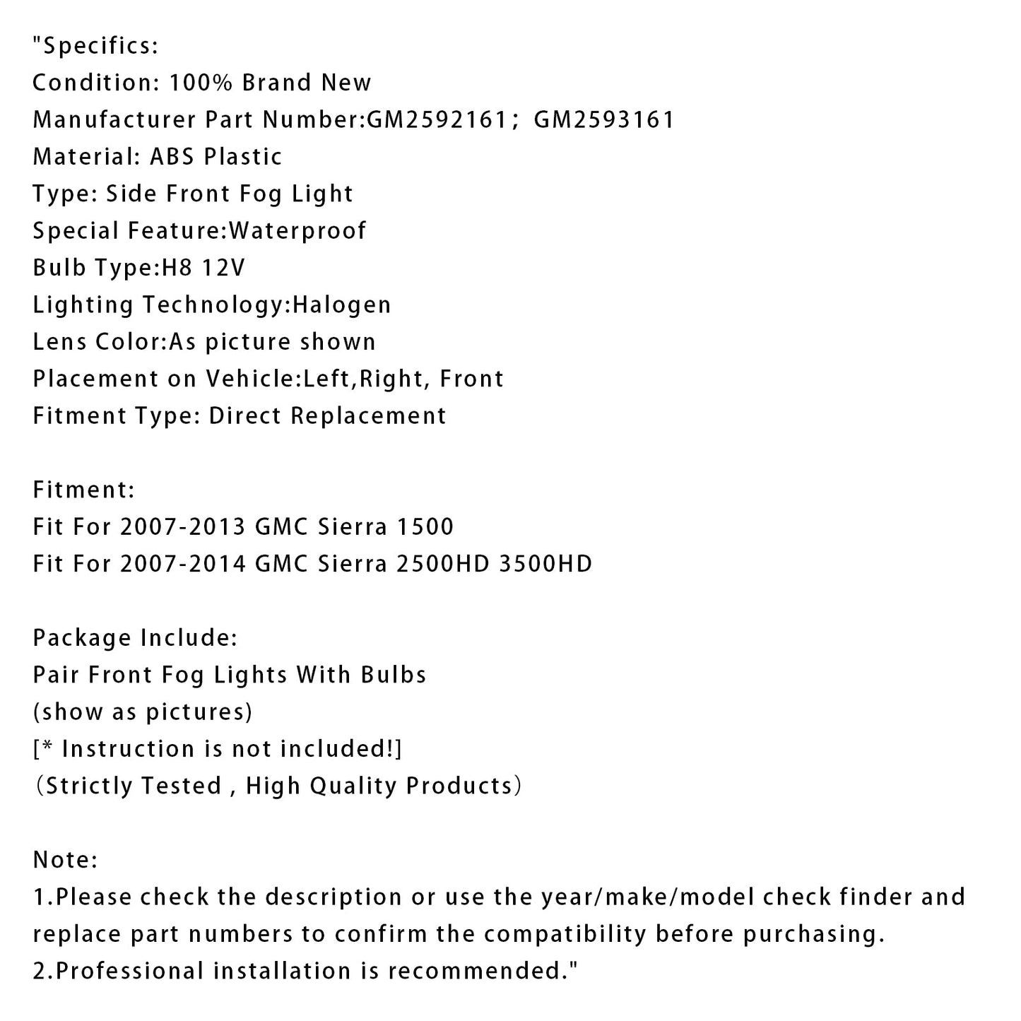 Coppia di fari fendinebbia anteriori con lampadine per GMC Sierra 1500 2007-2013