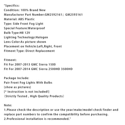 Coppia di fari fendinebbia anteriori con lampadine per GMC Sierra 1500 2007-2013