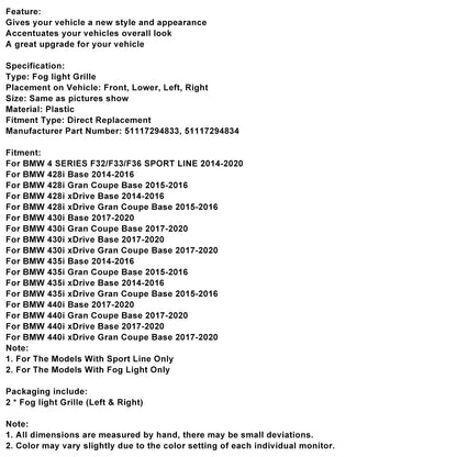 Griglia fendinebbia anteriore parzialmente aperta 51117294831 adatta a BMW F32 F33 F36 418D