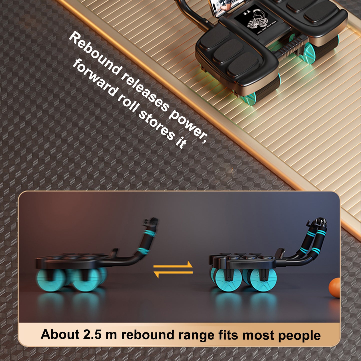 Attrezzatura portatile per palestra domestica Ruota addominale nera con rimbalzo automatico con supporto per gomito e stabilità su 4 ruote - Include timer Perfect Core Trainer per uomini e donne
