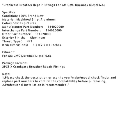 Raccordi per la riparazione dello sfiato del basamento GM GMC Duramax Diesel 6.6L