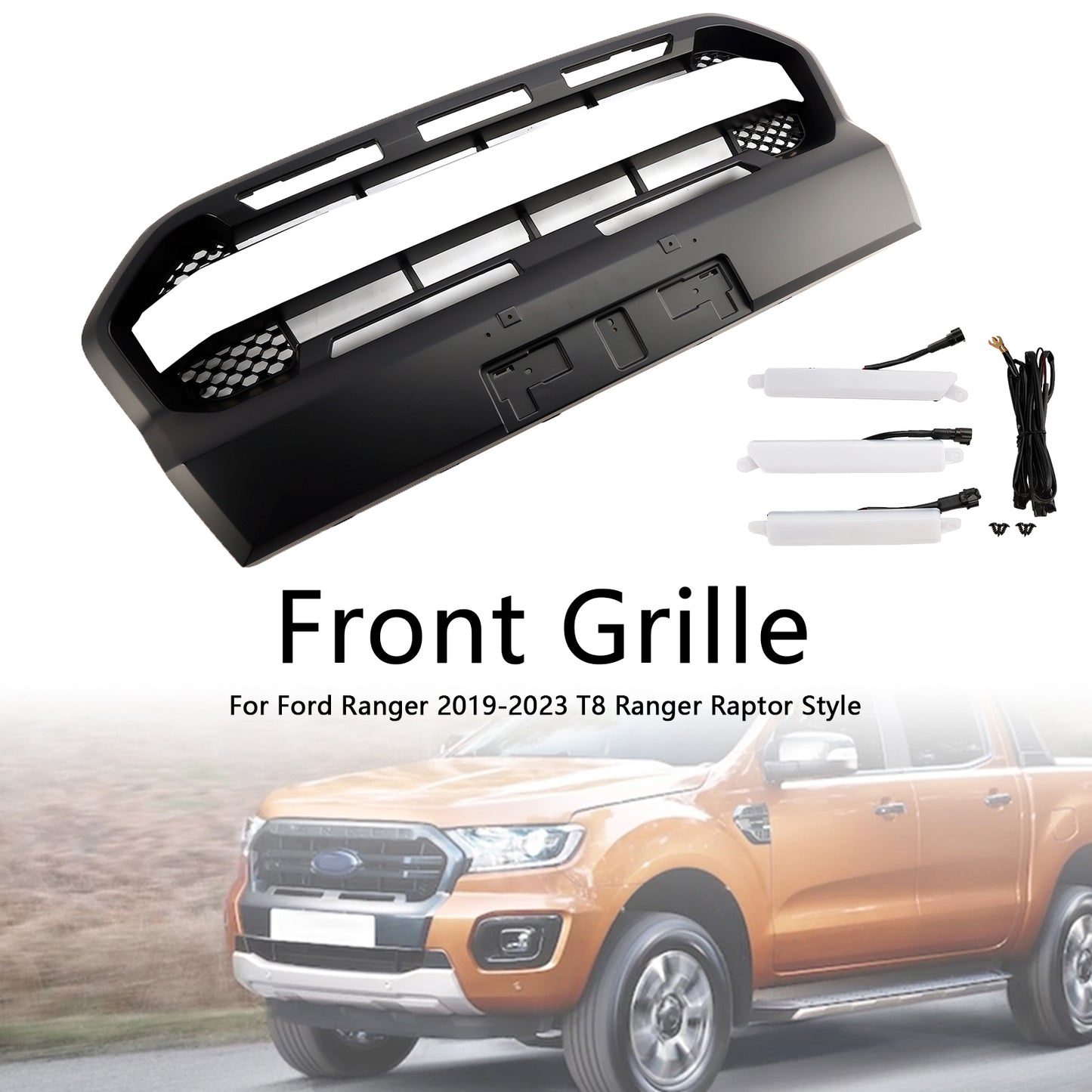 Grill per paraurti anteriore in stile Raptor per Ford Ranger 2019-2023 T8 W/LED