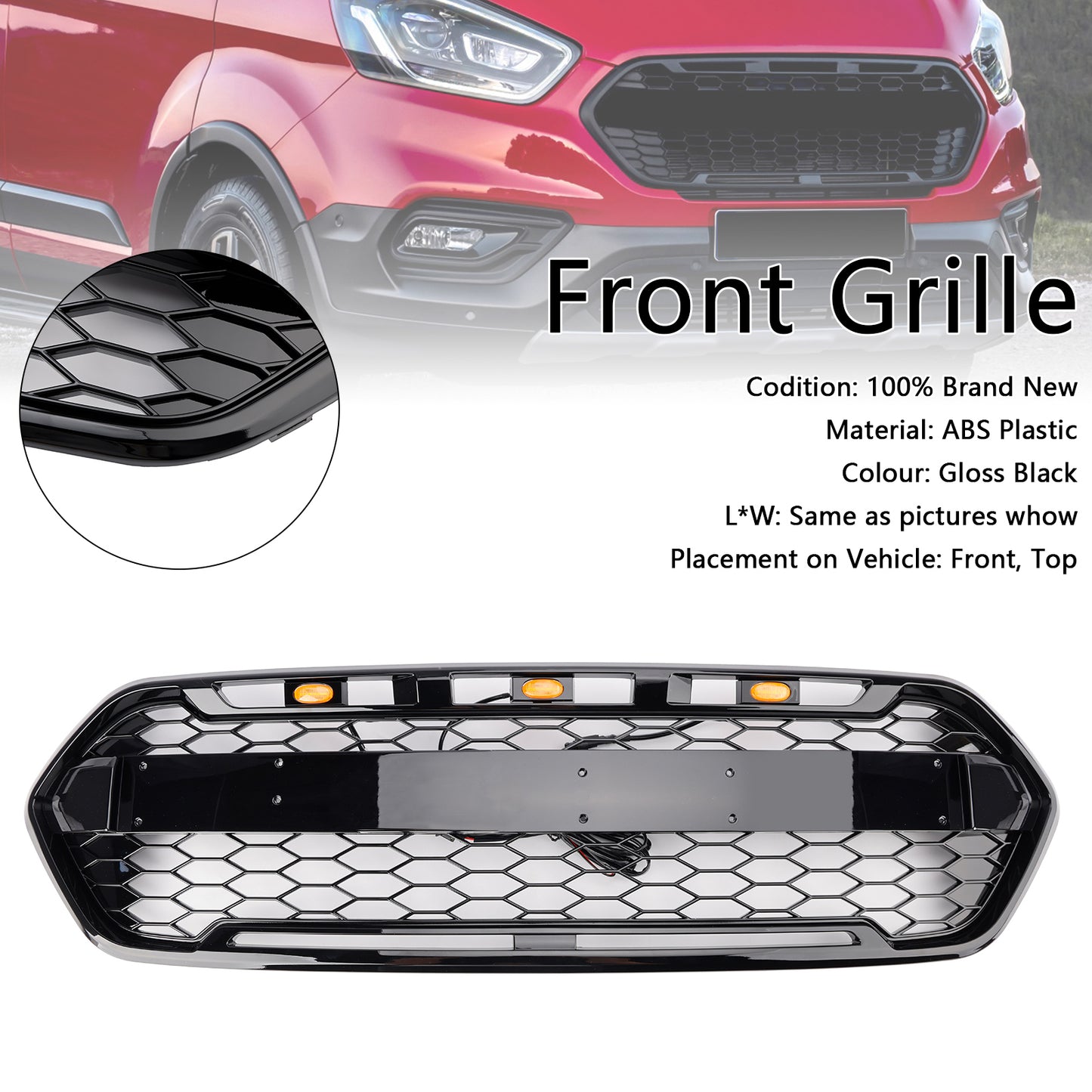Griglia del paraurti anteriore nero lucido per Ford Transit personalizzato Trail 2018-2023 con 3LED