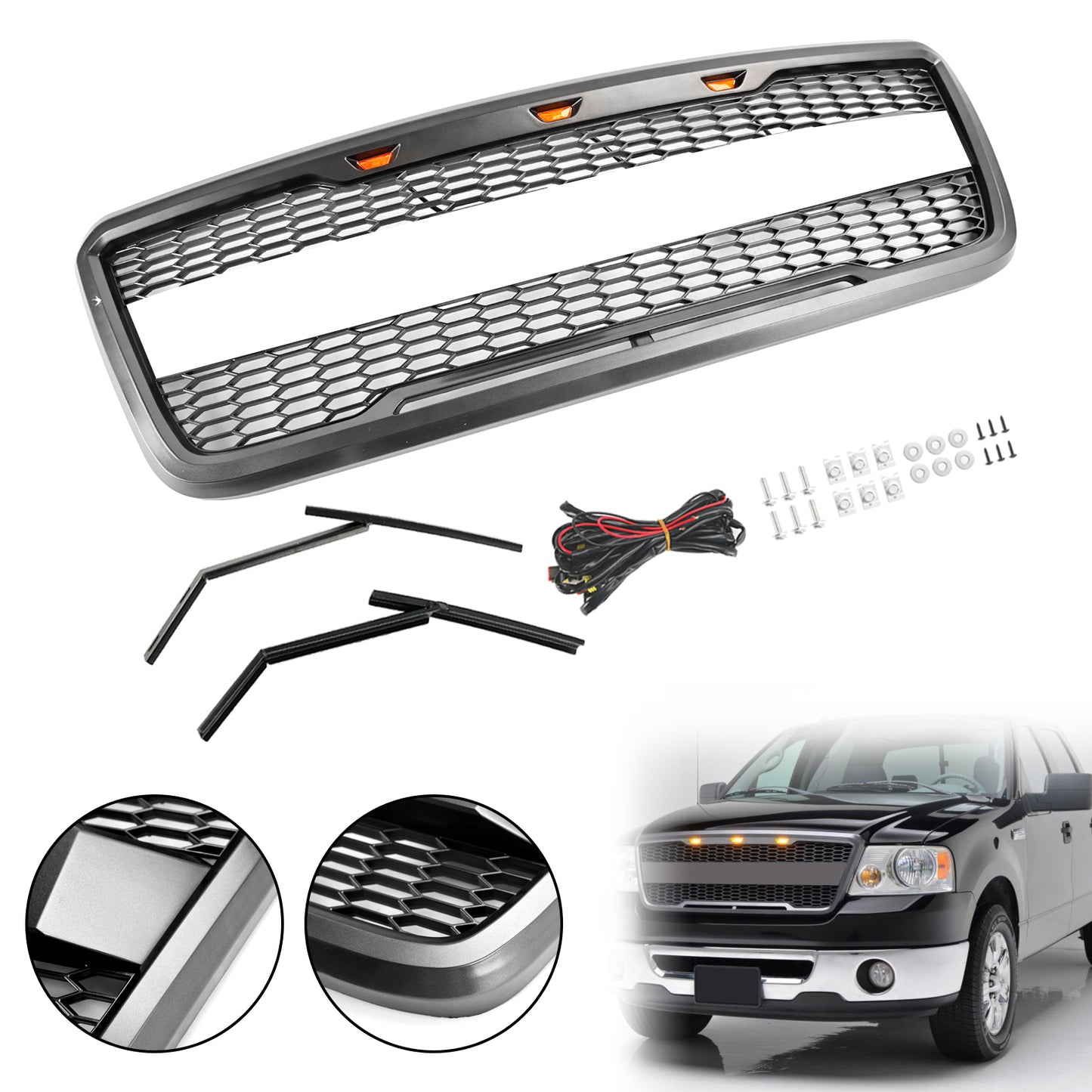 Per Ford F-150 2004 2005 2006 2007 2008 Style Raptor Griglia del cofano anteriore in rete sostitutiva con LED