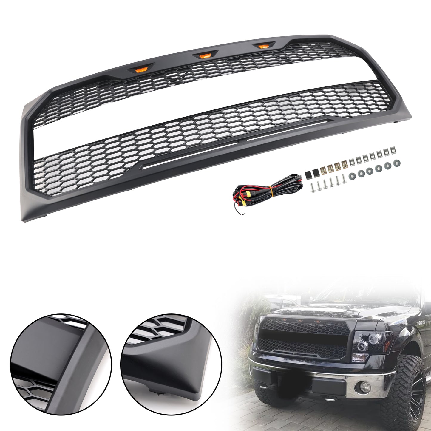 Grill per paraurti anteriore in stile Raptor con LED per Ford F150 2009-2014 Nero