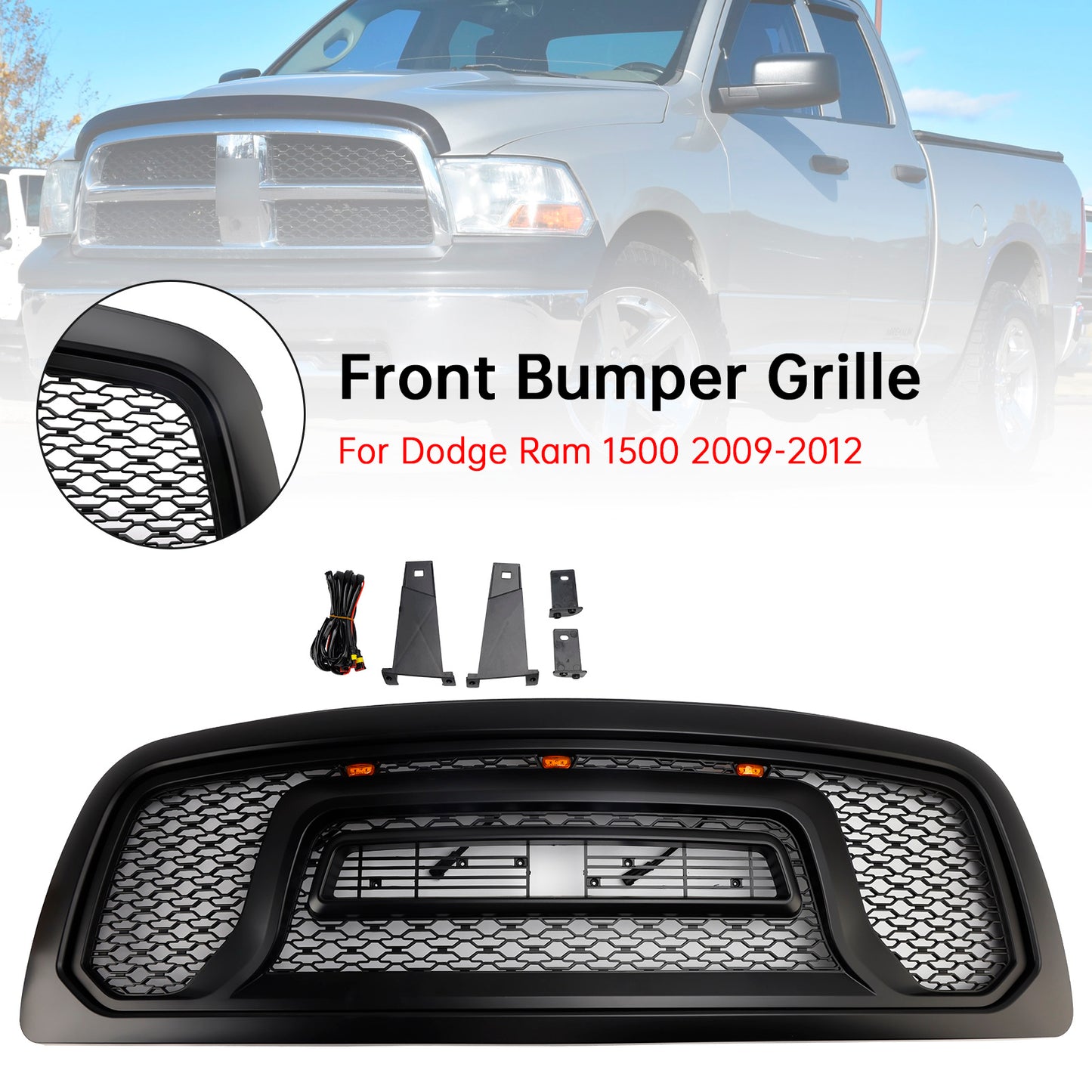 Griglia paraurti anteriore nera con luce a LED per Dodge Ram 1500 2009-2012