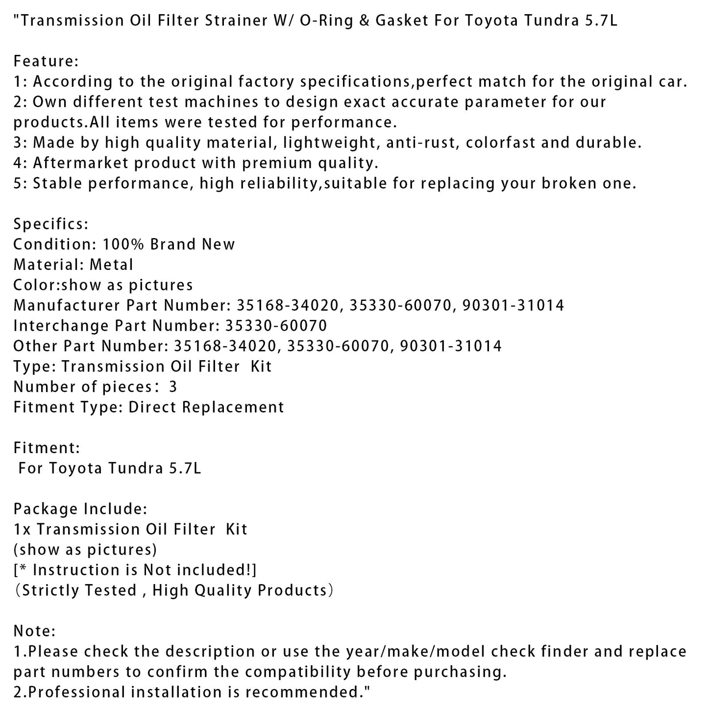 Filtro olio trasmissione Toyota Tundra 5.7L con O-ring e guarnizione 35168-34020 35330-60070 90301-31014