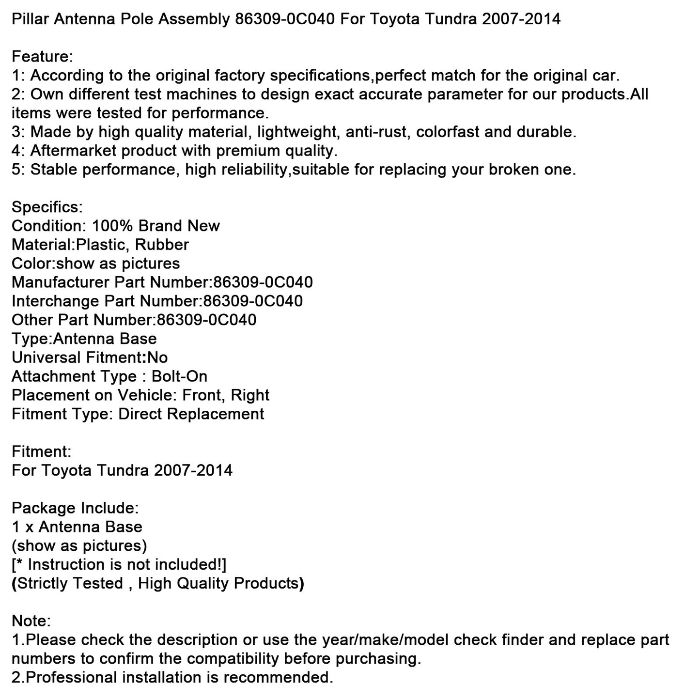 Gruppo antenna a palo per Toyota Tundra 2007-2014 86309-0C040