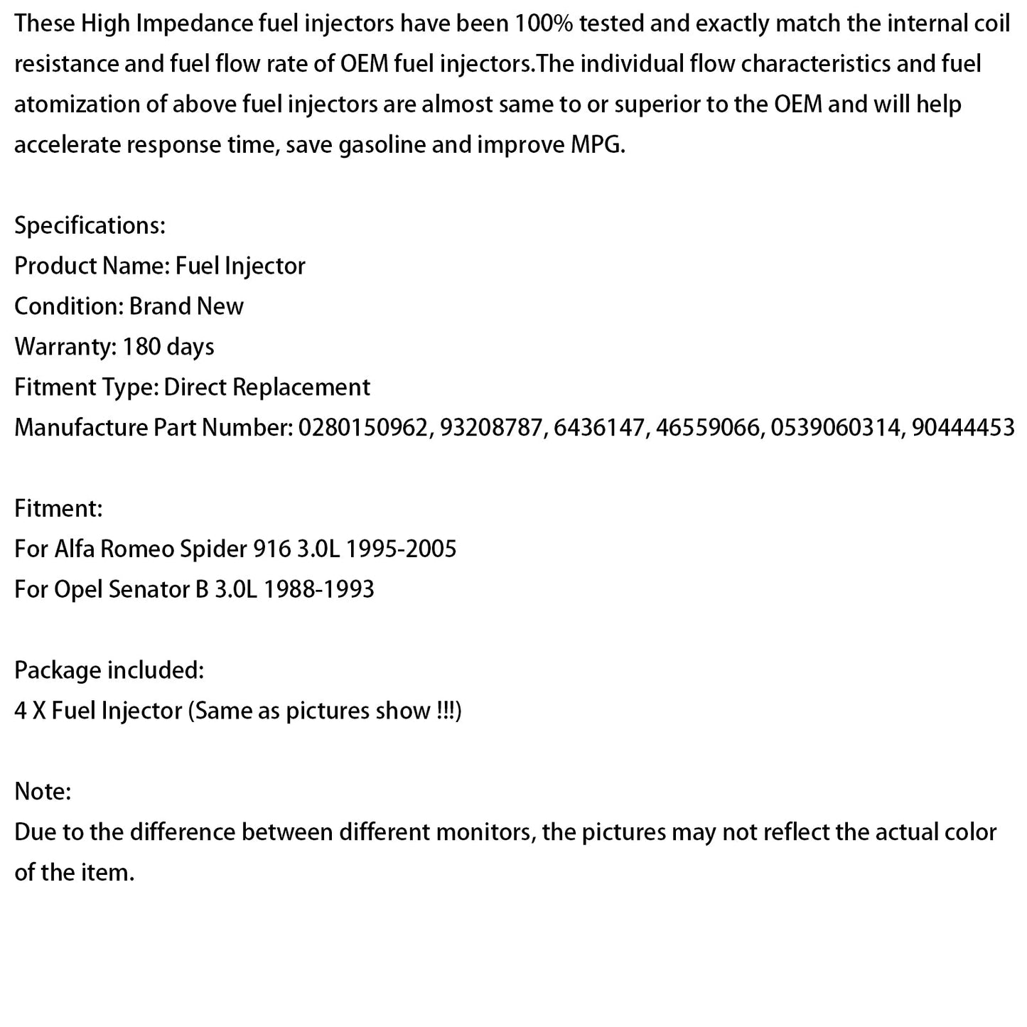 Iniettore di carburante 4 pezzi 0280150962 adatto per Opel Senator B 3.0L 1988-1993 93208787