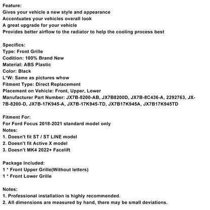 Griglia paraurti anteriore nera stile ST Ford Focus MK4 2018-2021, griglia inferiore
