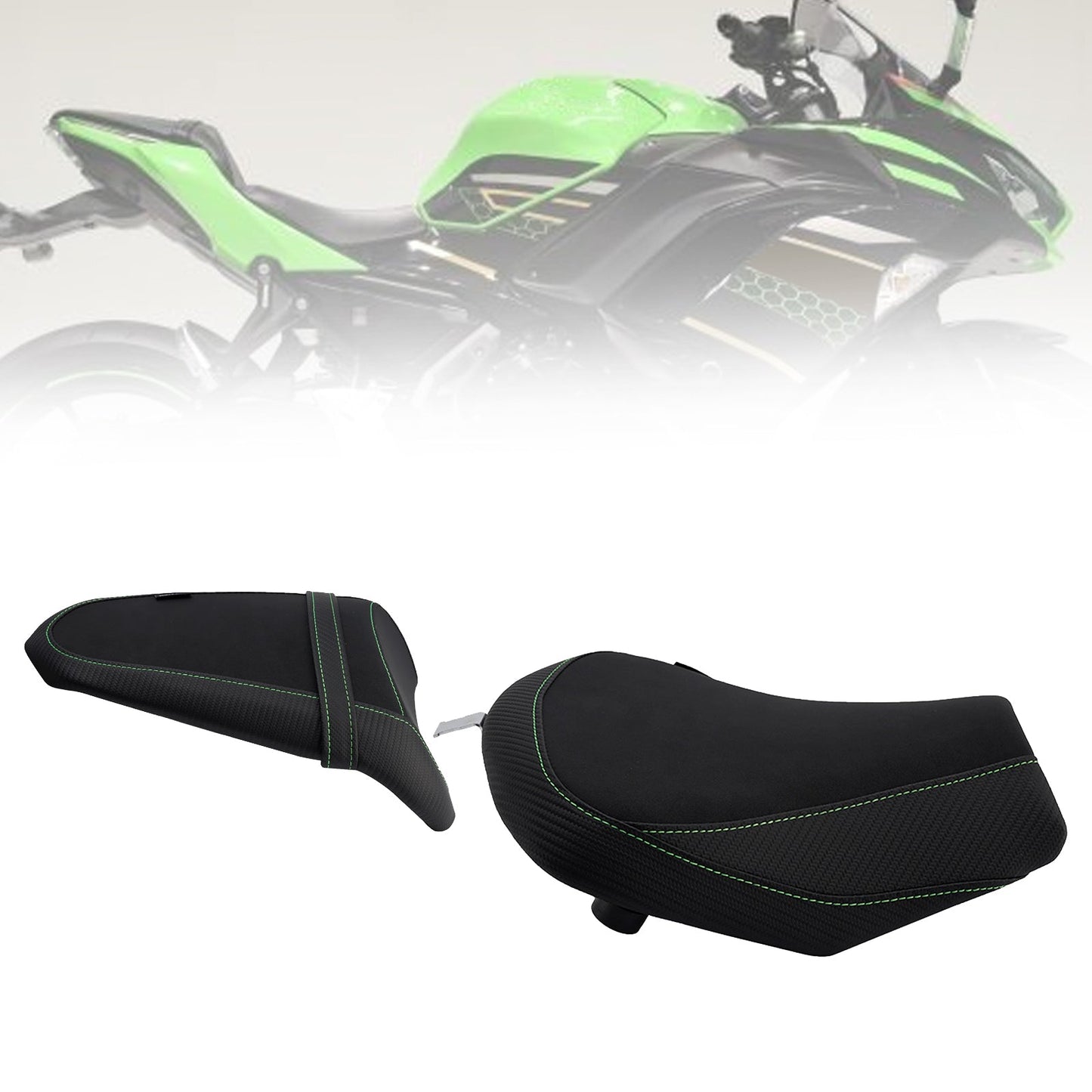 Kit cuscini passeggero anteriore e posteriore Raider per Kawasaki Ninja 650 Z650 2017-2025, colore verde.