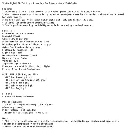 Gruppo ottico posteriore a LED sinistro e destro per Toyota Hiace 2005-2018