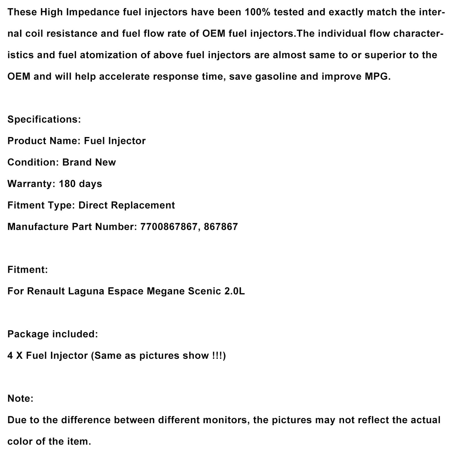 Renault Laguna Espace Megane Scenic 2.0L 4 pezzi Iniettore carburante 7700867867