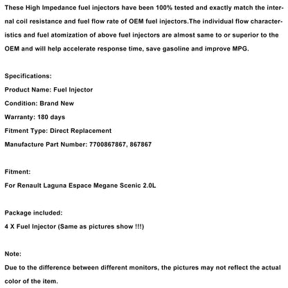 Renault Laguna Espace Megane Scenic 2.0L 4 pezzi Iniettore carburante 7700867867