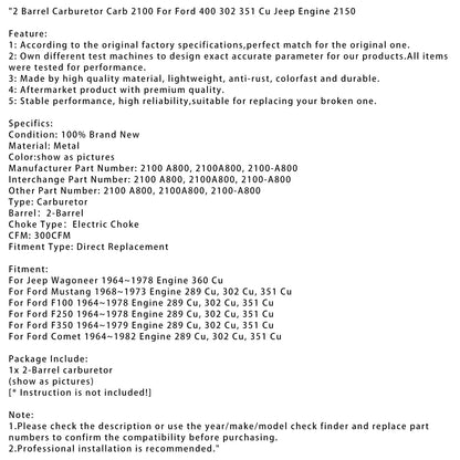 1964~1978 Jeep Wagoneer Motore 360 Cu 2 Carburatore Carb 2100 2100A800