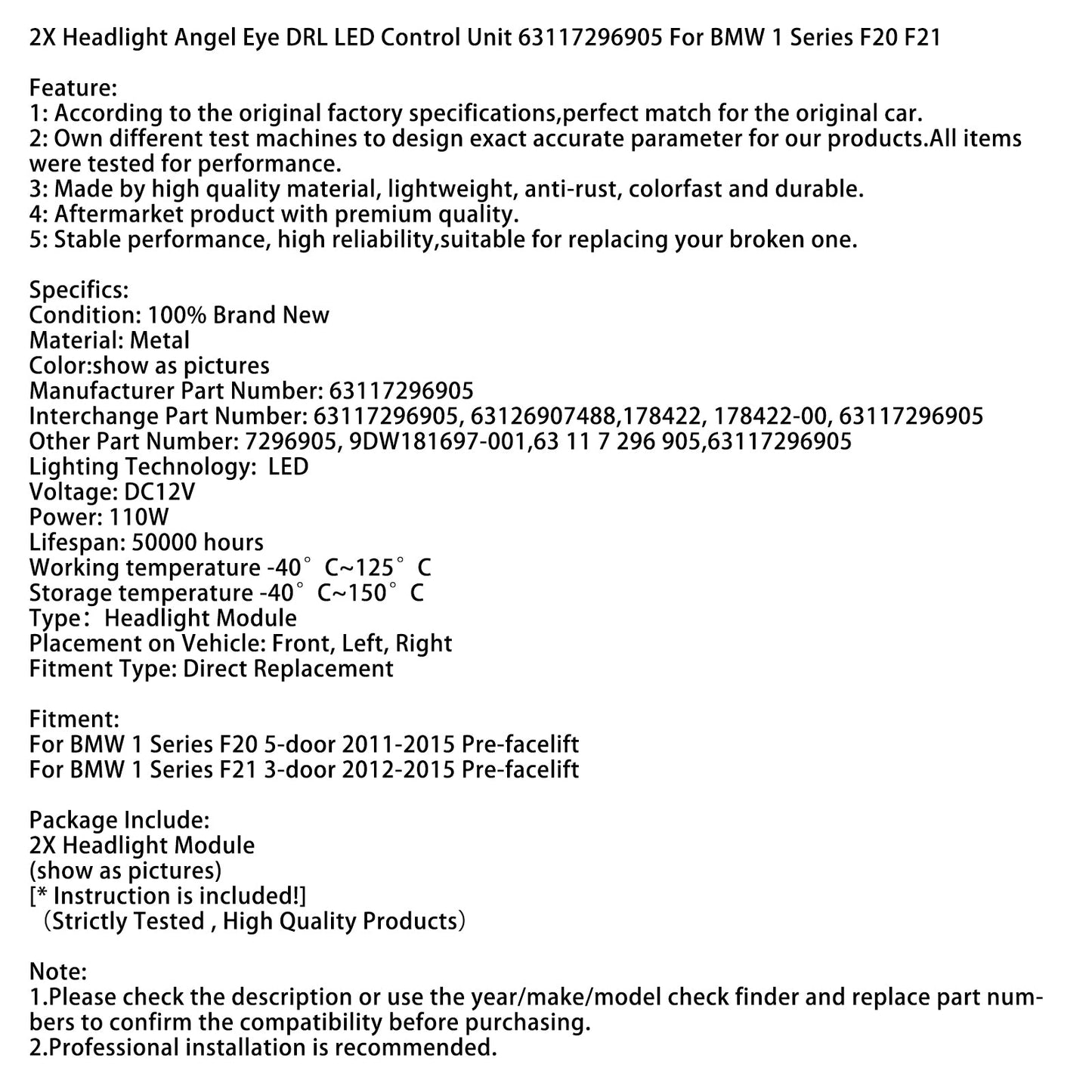 2X Unità di controllo fari Angel Eye DRL 63117296905 per BMW Serie 1 F20 F21