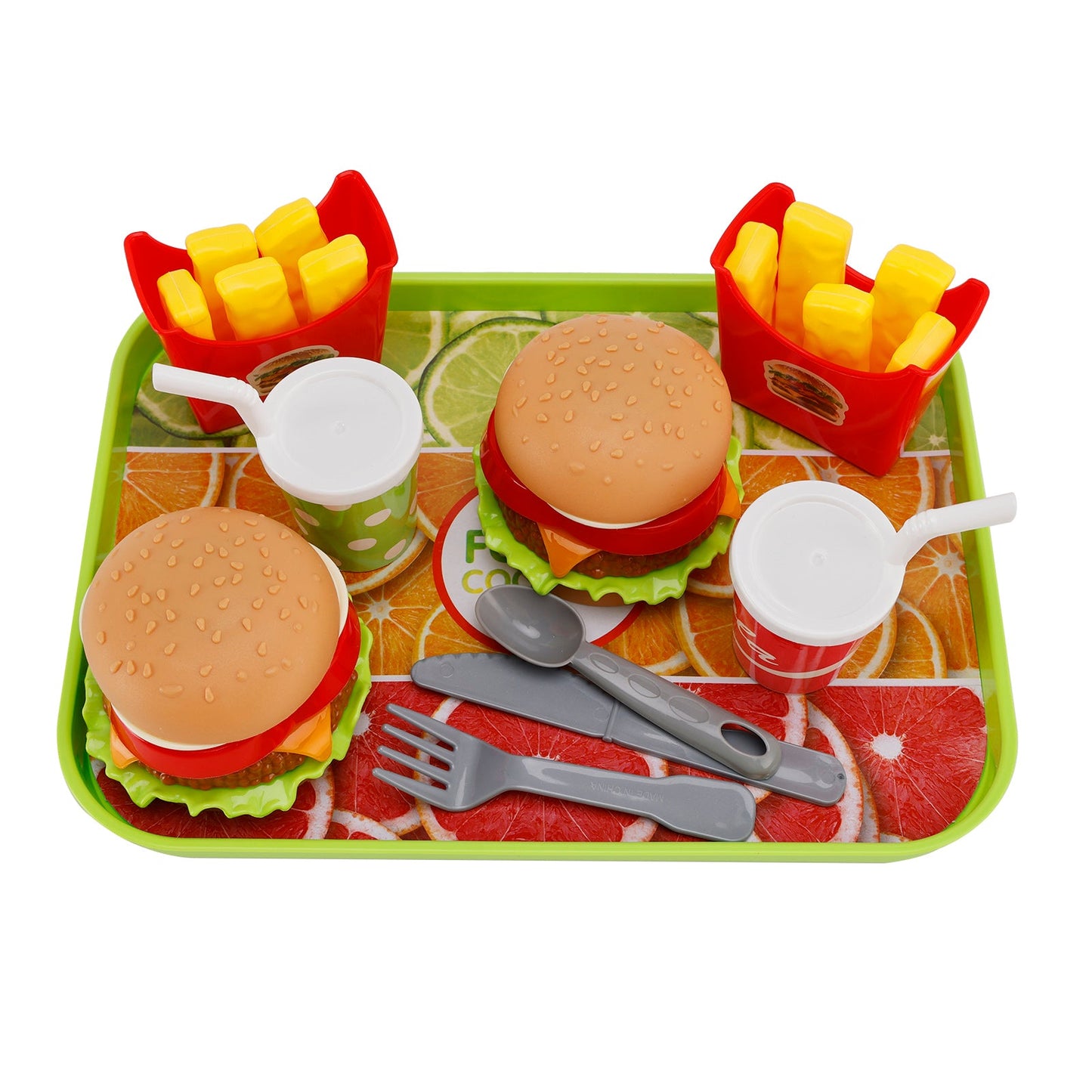 Set da cucina giocattolo per bambini con hamburger, waffle, patatine fritte, bevande e cibo finto.