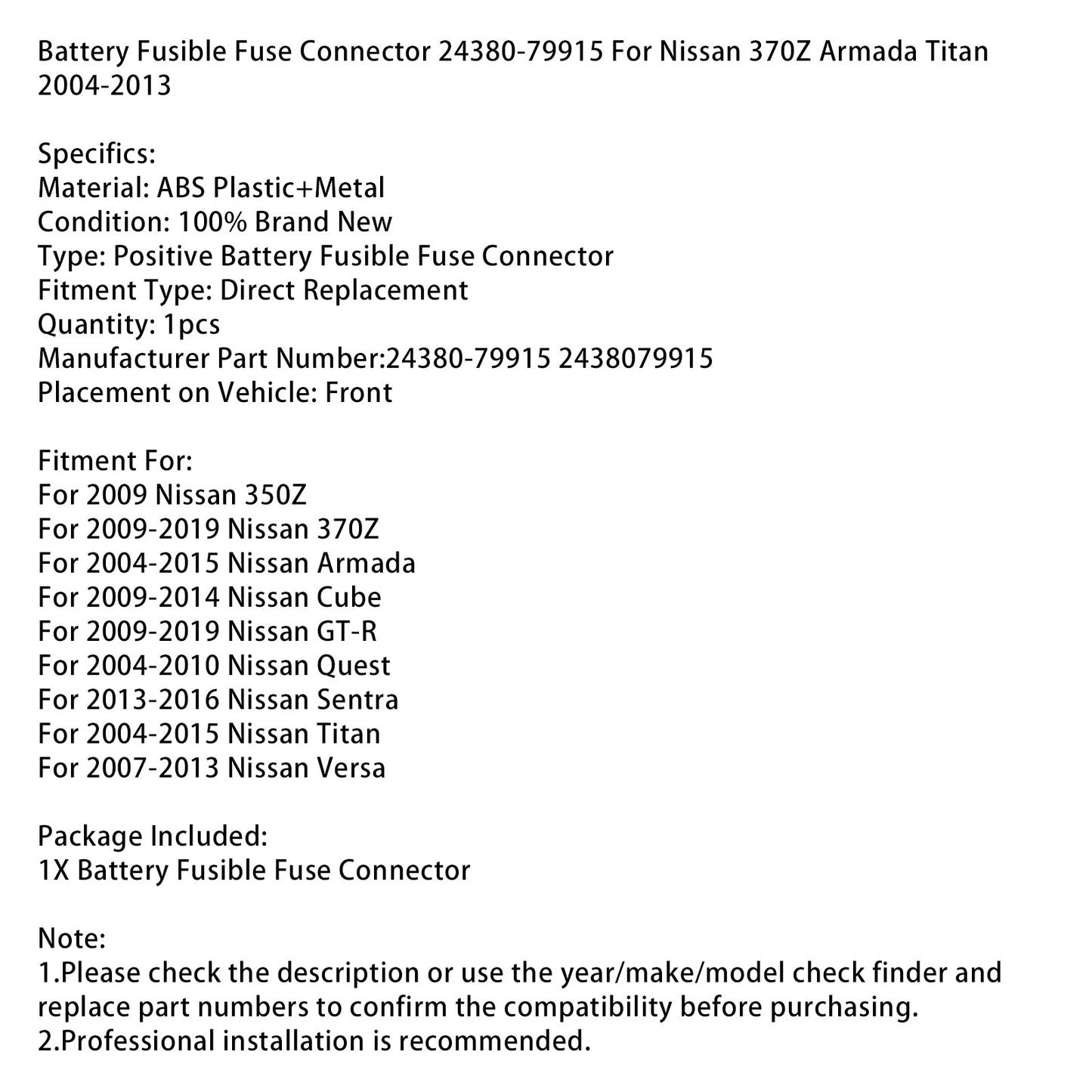 Connettore fusibile batteria 24380-79915 per Nissan 370Z Armada 2004-2013