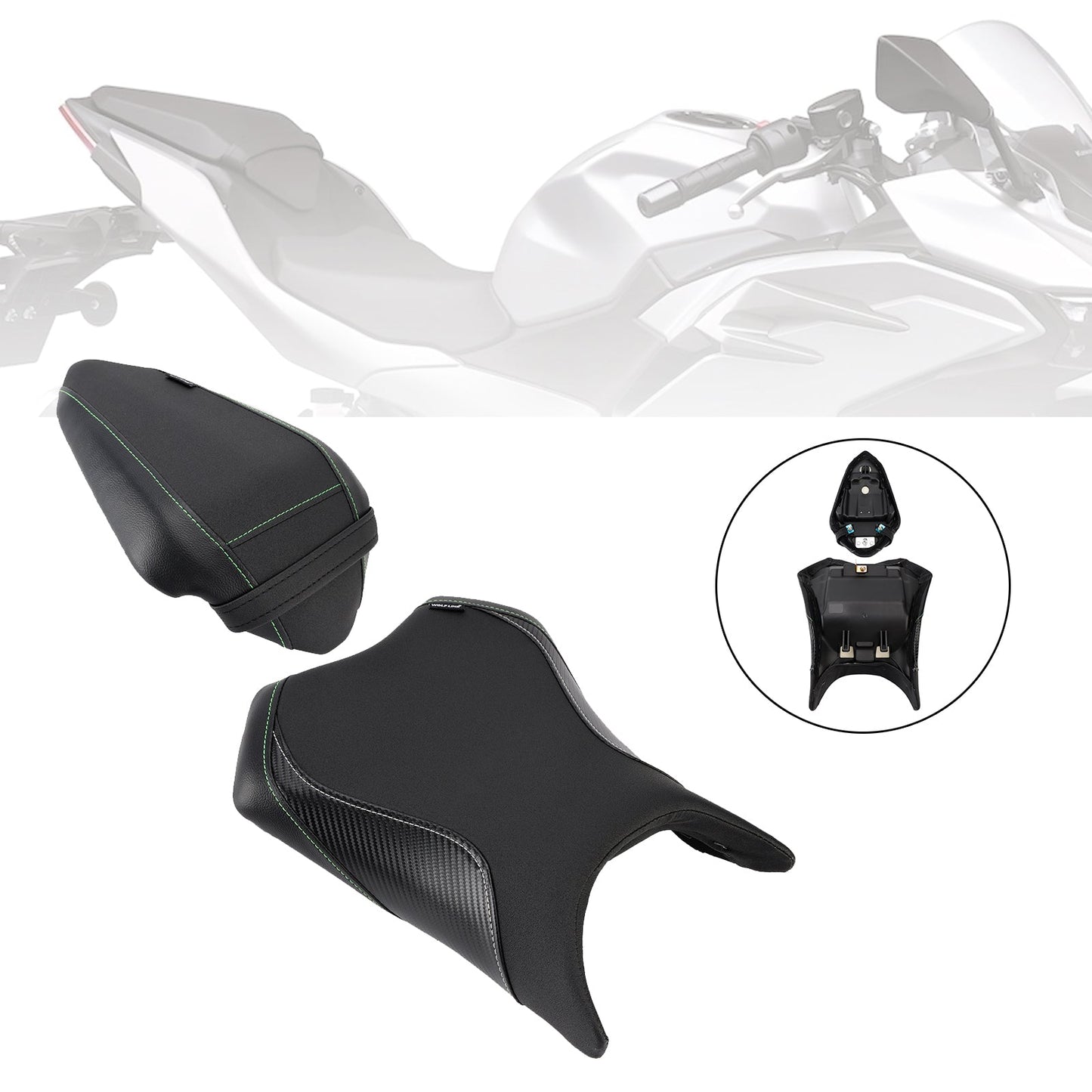 Kit cuscini passeggero anteriore e posteriore Raider per Kawasaki Ninja 500 Z500 2024-2025, colore nero.