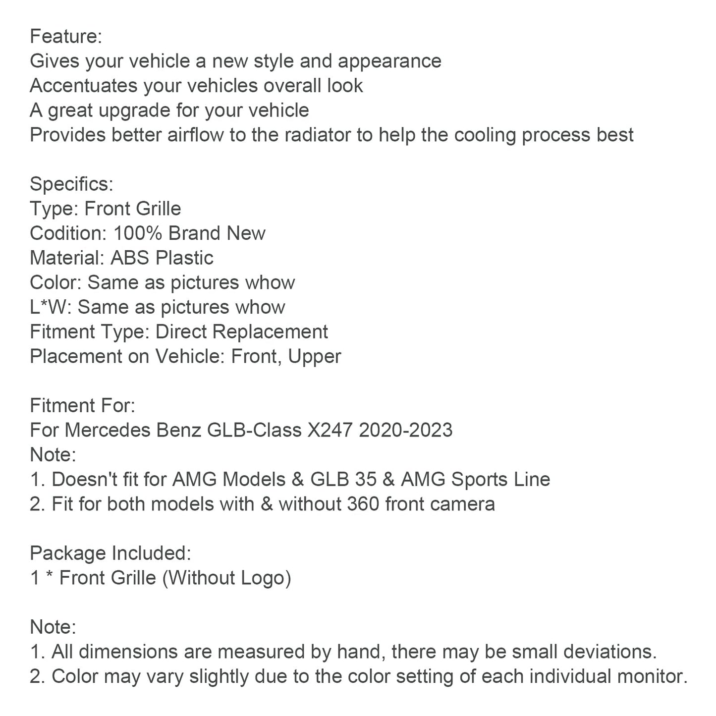 Griglia paraurti anteriore nero lucido Mercedes Benz GLB X247 2020-2023