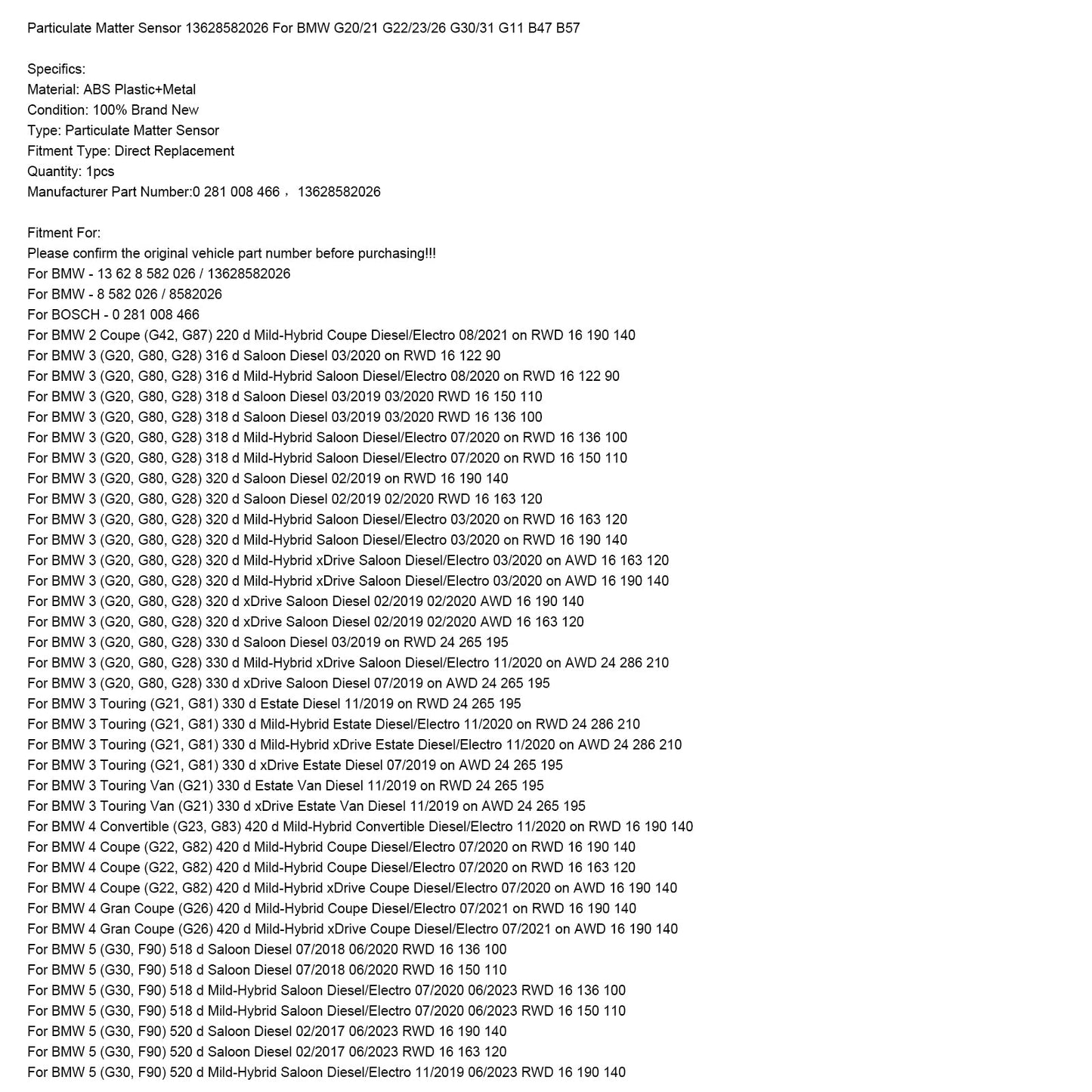 03/2019-on BMW 3 (G20, G80, G28) 330 d Berlina Sensore di particolato diesel 13628582026