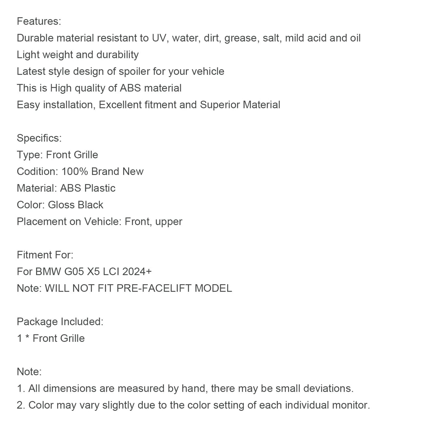 2024+ BMW G05 LCI X5 Griglia per paraurti anteriore nera lucida a linea singola