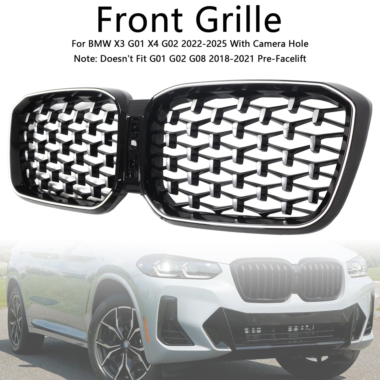 Griglia a rene per paraurti anteriore diamantata BMW X3 G01 X4 G02 2022-2025 cromata
