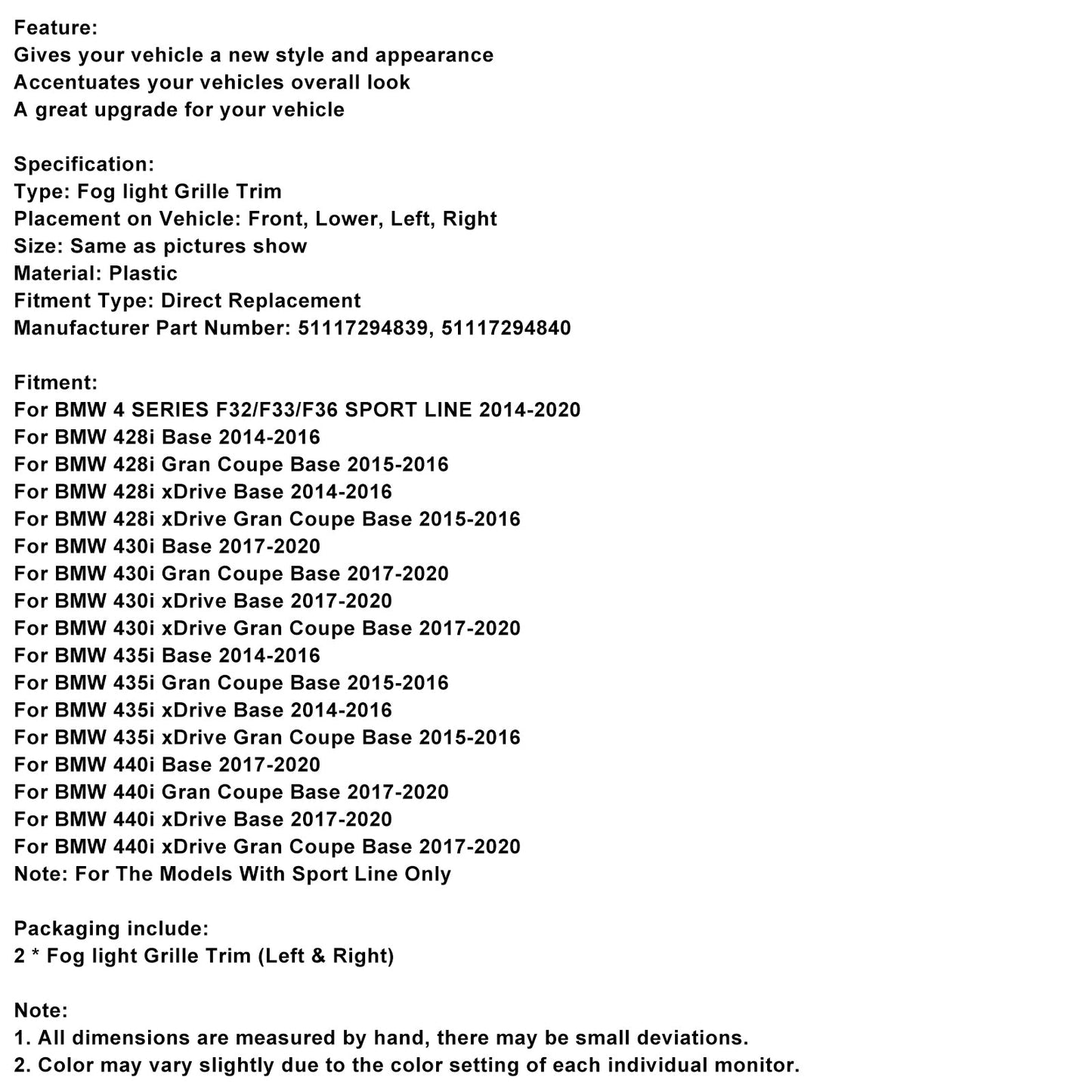Cornice fendinebbia sinistra e destra, griglia paraurti anteriore BMW 428i F32 F33 F36