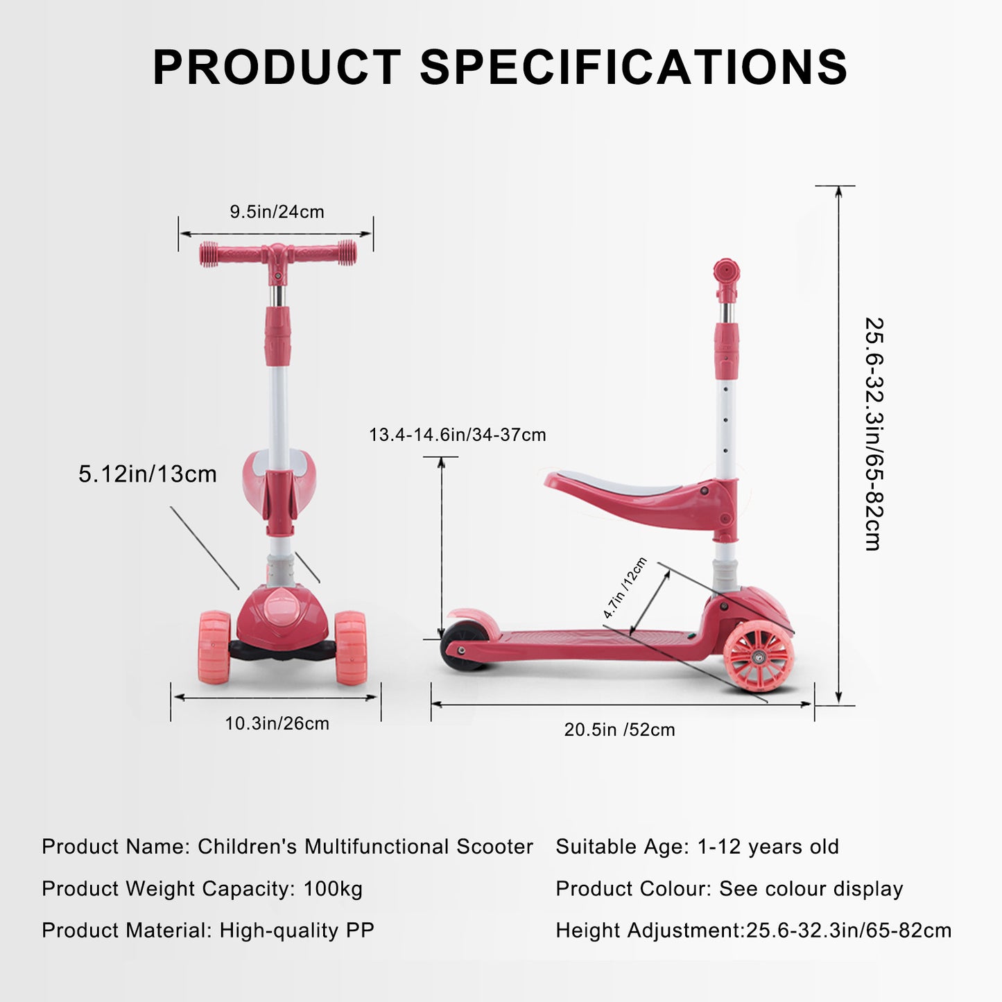 2-in-1 bambini scooter pieghevole seduta luce 3 ruote regolabile pieghevole barra blu/rosa