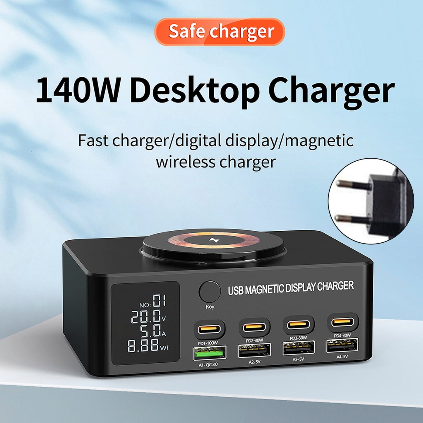 Caricabatterie rapido da 140 W con display digitale intelligente PD100W per telefoni cellulari e notebook, caricabatterie multiporta USB magnetico con ricarica wireless, spina UE