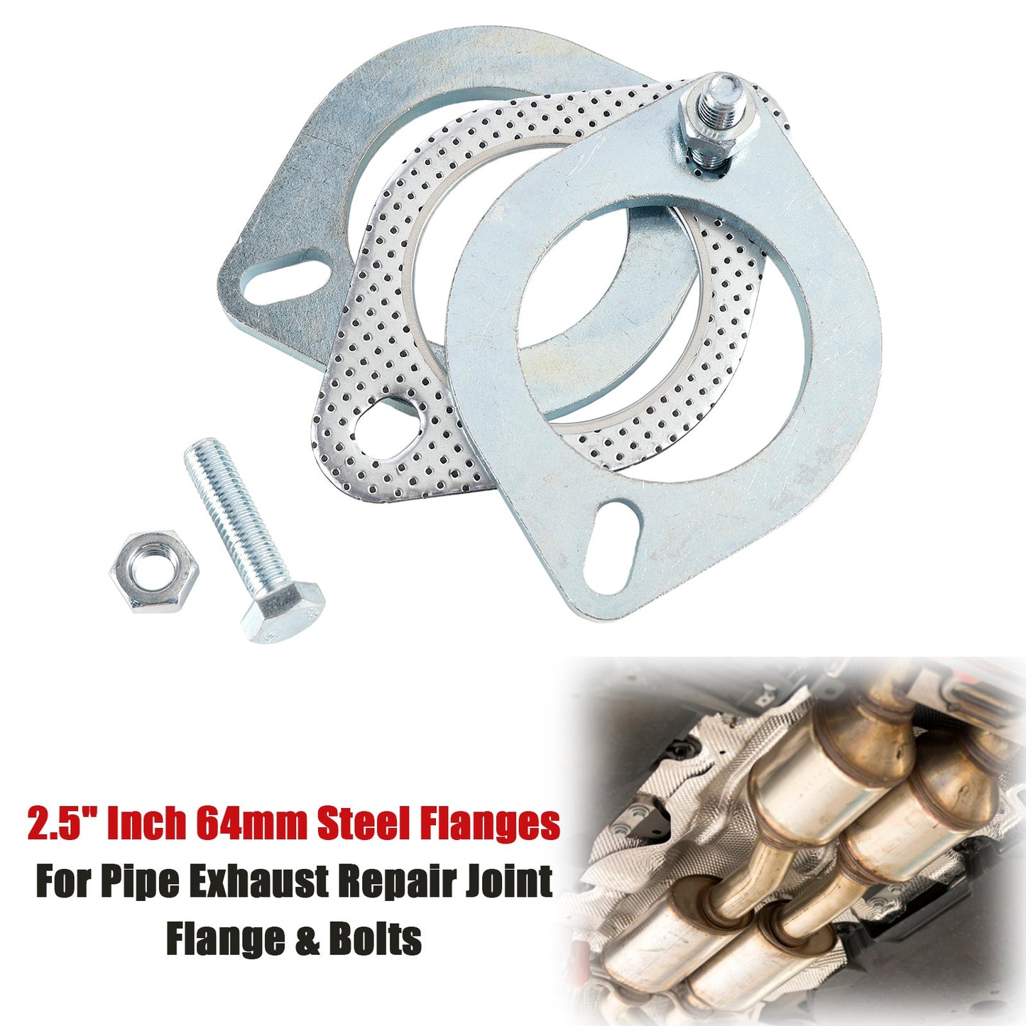 2 flange in acciaio da 2,5"" pollici 64 mm per flangia di giunzione per riparazione di tubi di scarico e bulloni