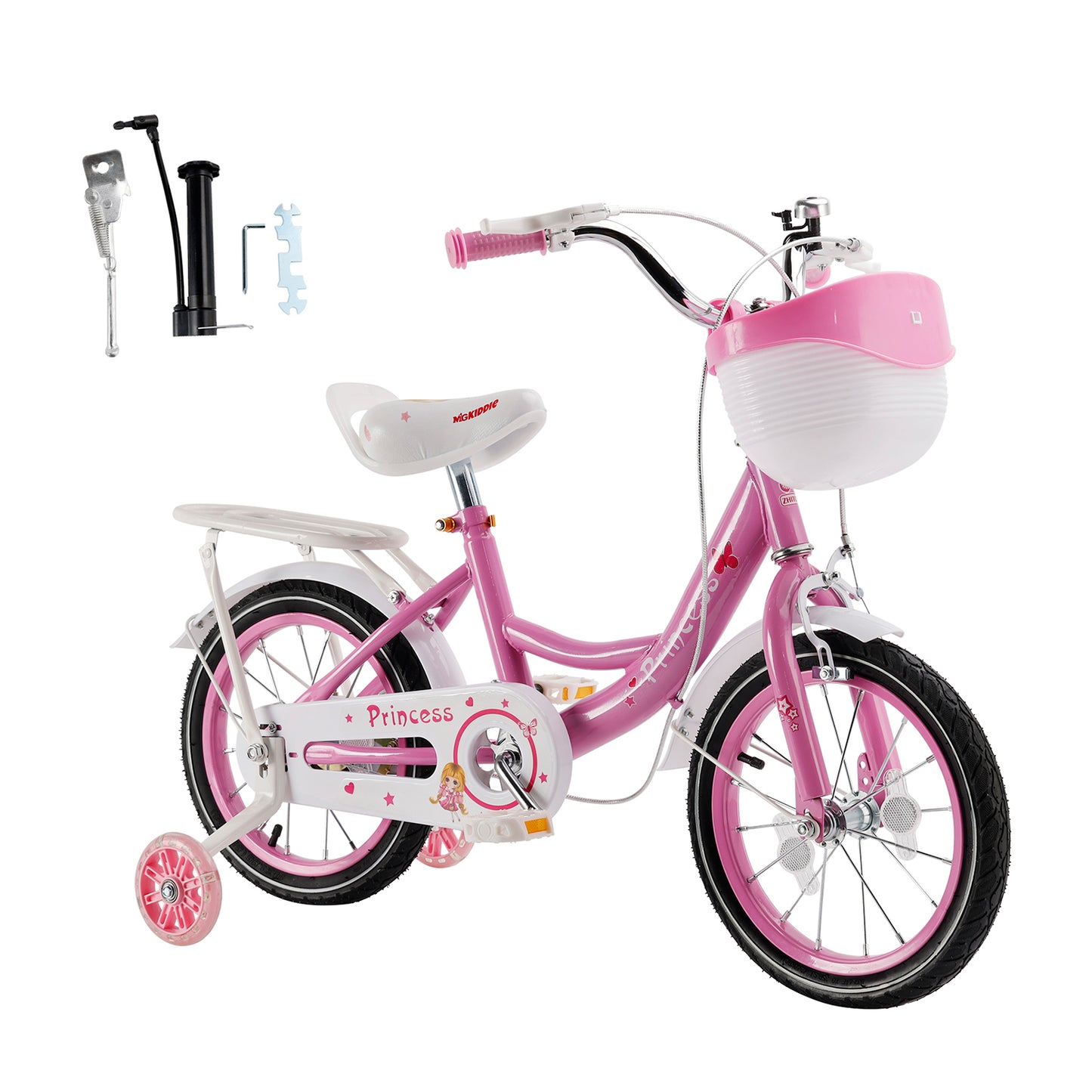 Bicicletta da principessa per bambini da 18" per ragazze, con ruote da allenamento rimovibili, rosa/viola