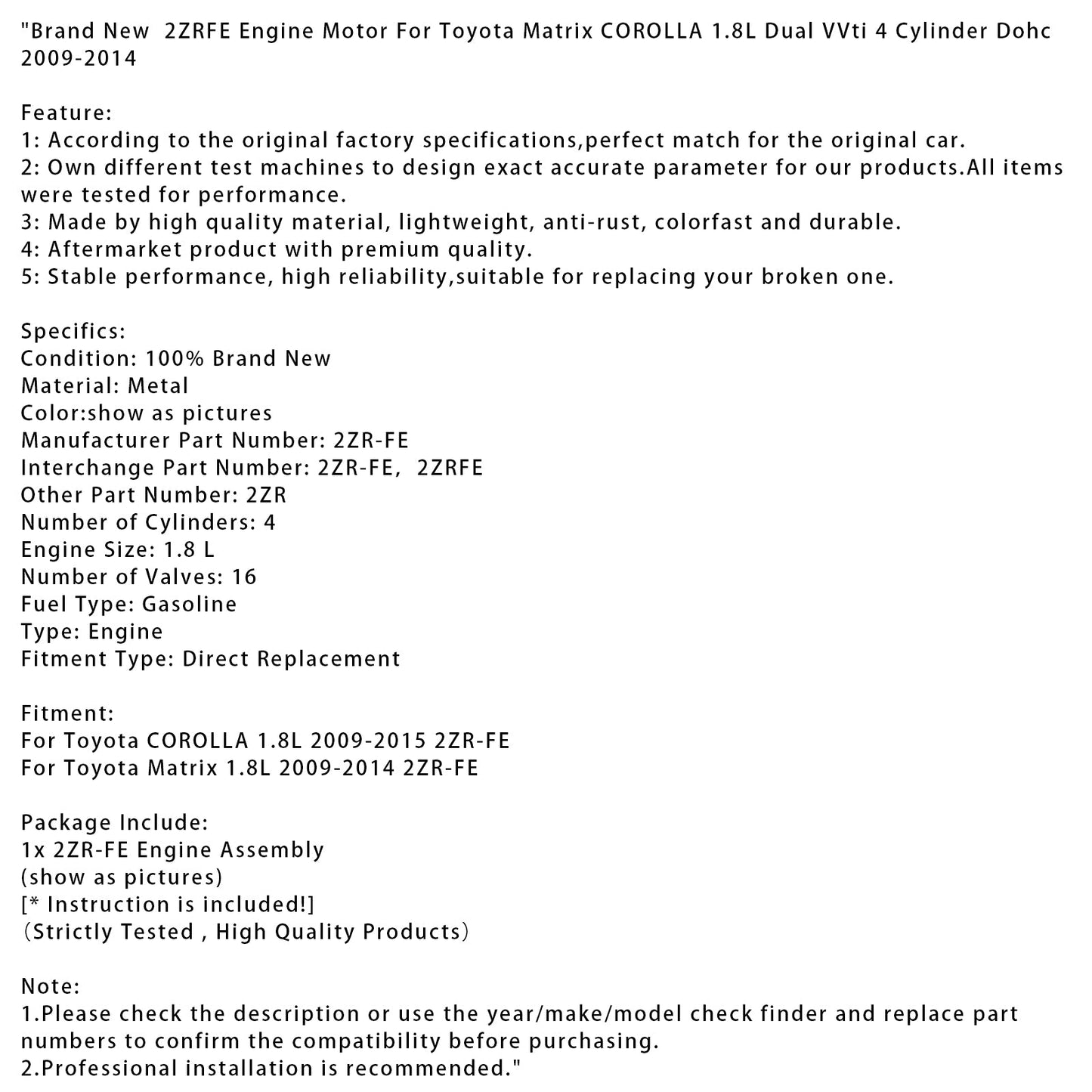 Nuovo motore 2ZRFE per Toyota Matrix COROLLA 1.8L Dual VVti 4 cilindri